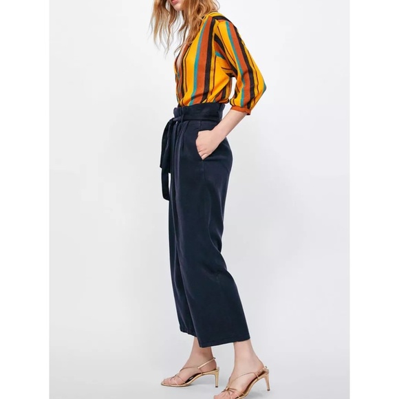 Zara Pants - Zara navy blue paper bag waist trouser pants